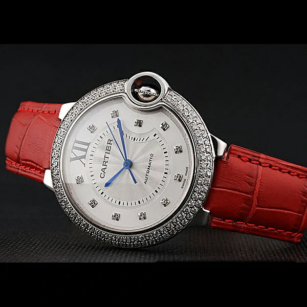Ballon Blue de Cartier Diamond Steel Case Diamond Dial Red Leather Bracelet new60534