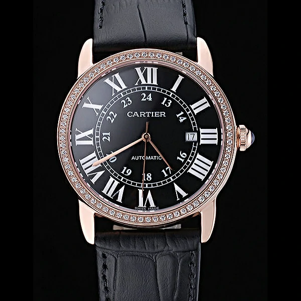Cartier Ronde Solo Gold Diamond Case Black Dial Roman Numerals new60104