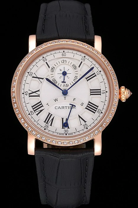 Cartier Rotonde White Dial Gold Case With Jewels Black Leather Strap new120734
