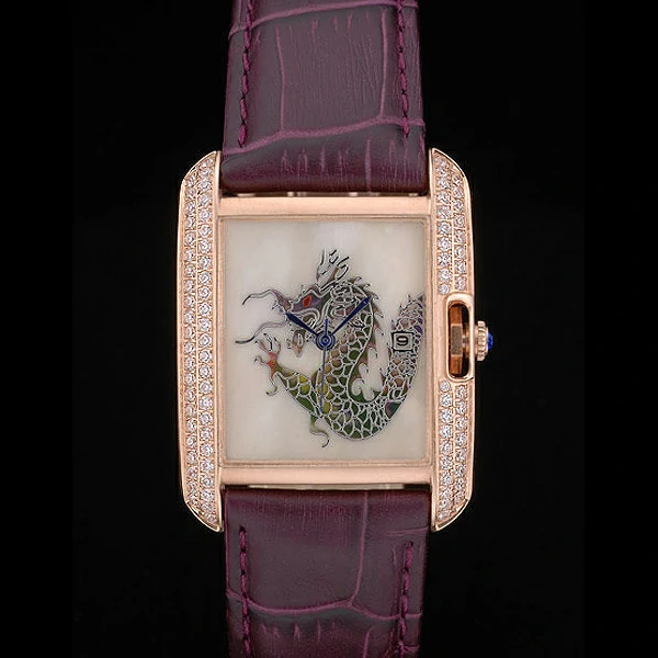 Cartier Tank Anglaise White Dragon Dial Diamonds Gold Case Purple Leather Bracelet new59168