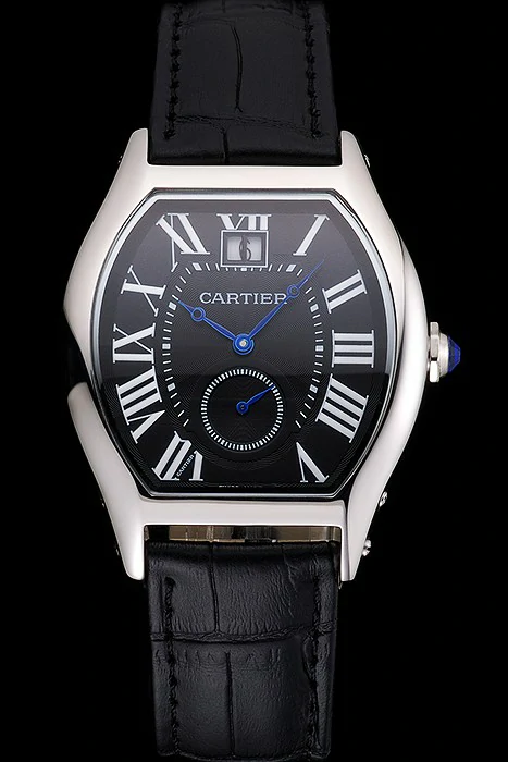 Cartier Tortue Large Date Black Dial Stainless Steel Case Black Leather Strap new121533