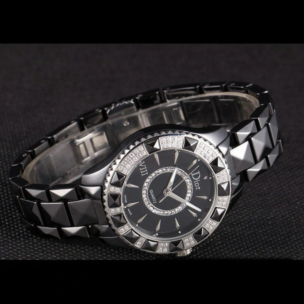Dior VIII Diamond Encrusted Black Bezel Black Bracelet new59450