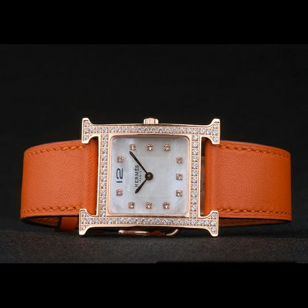 Hermes Heure H Rose Gold Diamond Encrusted Bezel Orange Leather Strap White Dial new59201