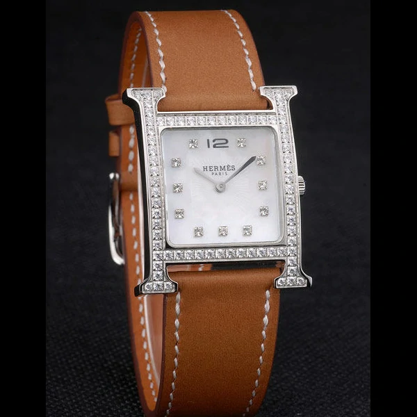Hermes Heure H Stainless Steel Diamond Encrusted Bezel Tan Leather Strap White Dial new59196