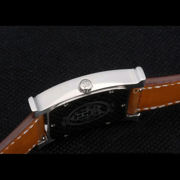 Hermes Heure H Stainless Steel Diamond Encrusted Bezel Tan Leather Strap White Dial new59196