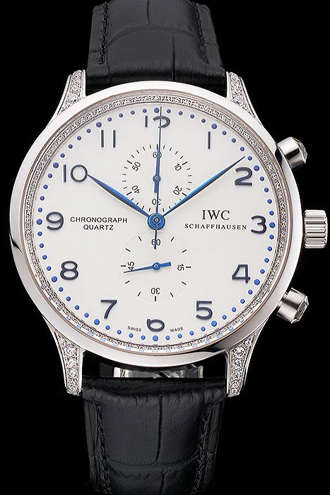 IWC Portugieser Chronograph White Dial Blue Hands And Numerals Steel Case With Diamonds Black Leather Strap new121372
