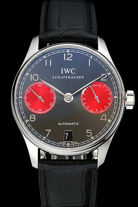 IWC Portuguese Grey Dial Red Subdials Silver Case Black Leather Bracelet new124523