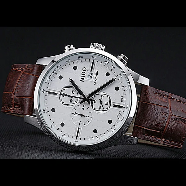 Mido Multifort Cronograph All White & Black Dial Brown Leather Strap new60081