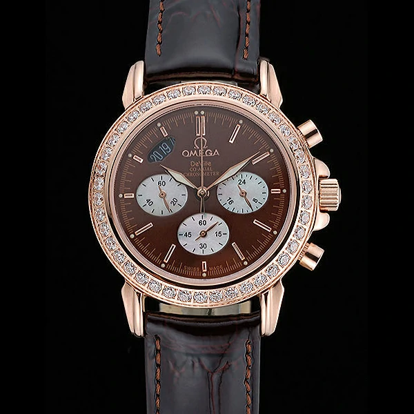 Omega De Ville Chronograph Brown Dial Gold Diamond Case Brown Leather Bracelet new60350