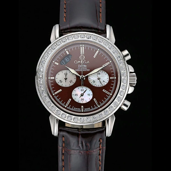 Omega De Ville Chronograph Brown Dial Stainless Steel Diamond Case Brown Leather Bracelet new60349