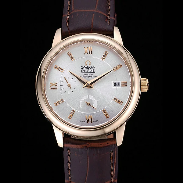 Omega DeVille Prestige Silver Dial Gold Case Diamonds Numerals Brown Leather Bracelet new60481