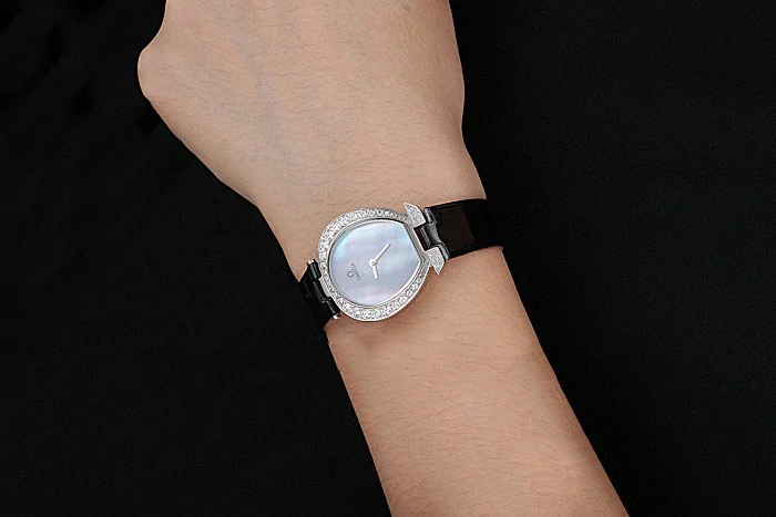 Omega Ladies Watch Pearl Dial Stainless Steel Case With Diamonds Black Leather Strap new120772
