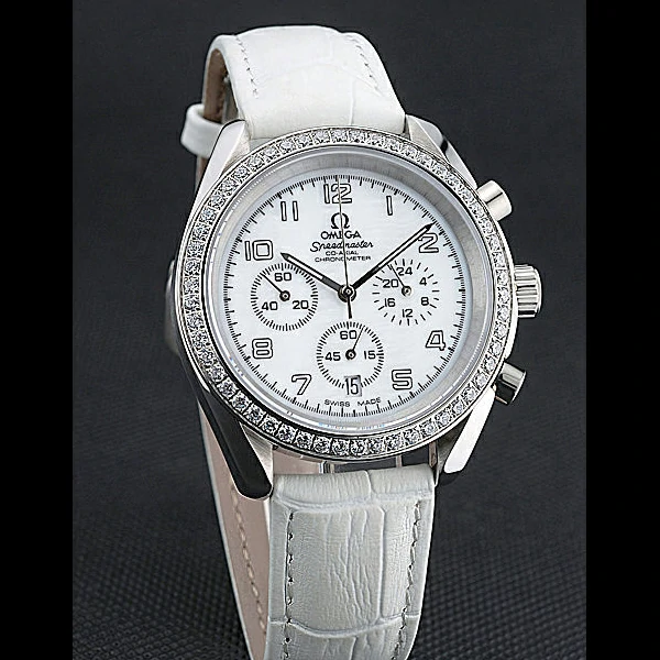 Omega Speedmaster Chronograph White Dial Diamond Case White Leather Bracelet new60347