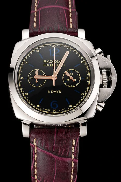 Panerai Radiomir 8 Days Chronograph Black Dial Stainless Steel Case Plum Leather Strap new123900