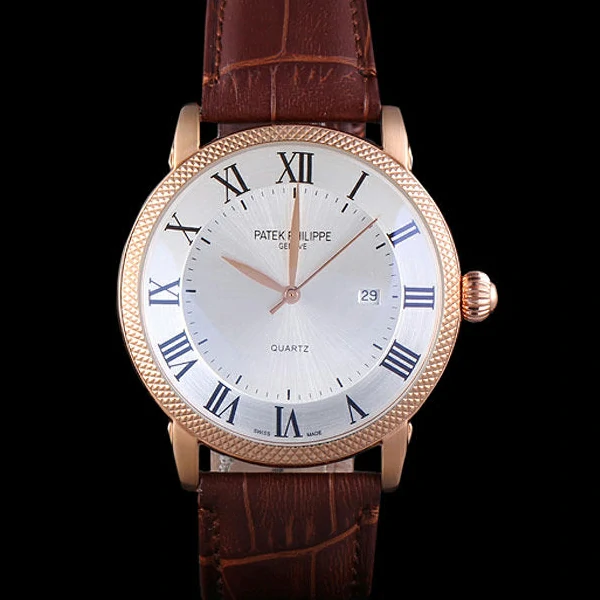 Patek Philipe Calatrava Roze Gold Ribbed Bezel Brown Leather Bracelet new59427