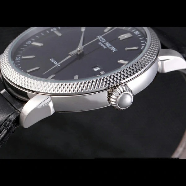 Patek Philipe Calatrava Stainless Steel Ribbed Bezel Black Leather Bracelet new59424