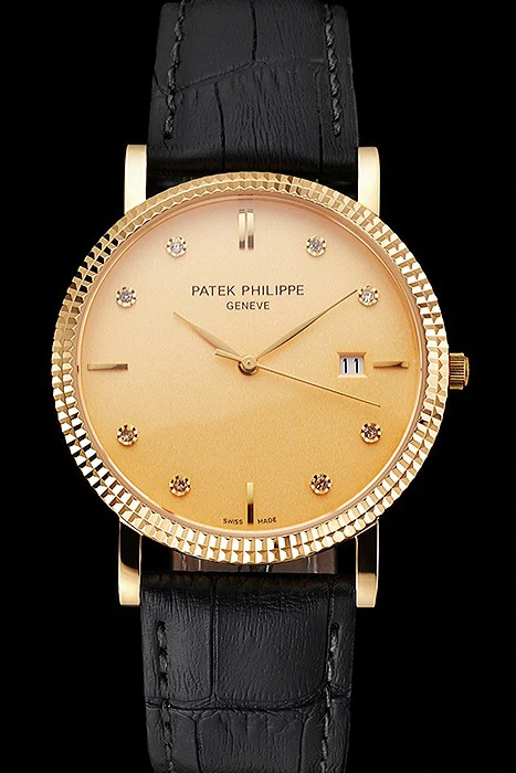Patek Philippe Calatrava Gold Dial Diamond Hour Marks Ribbed Bezel Gold Case Black Leather Strap new122476