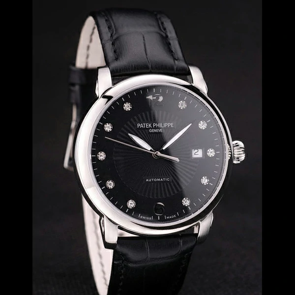 Patek Philippe Calatrava Polished Bezel Black Dial Black Leather Strap new59019