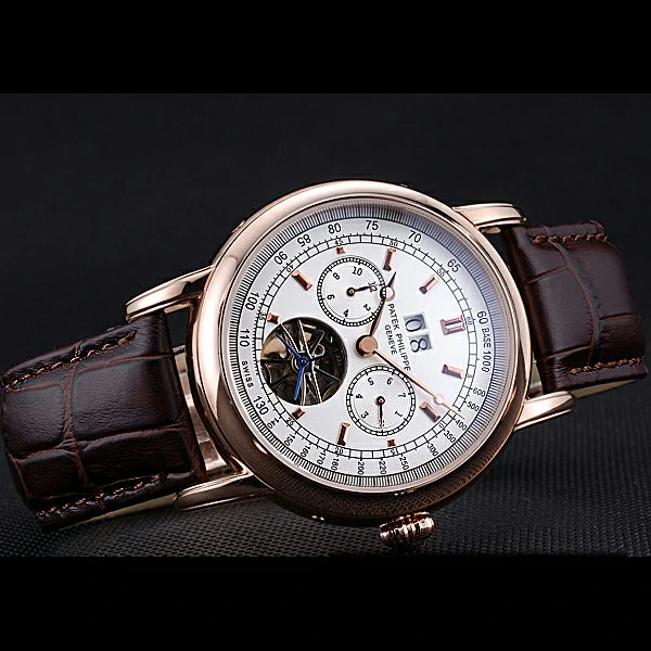 Patek Philippe Geneve Grand Complications White Dial Tourbillon Rose Gold Bezel Brown Band new60054