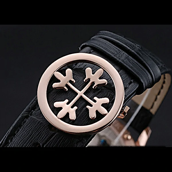 Patek Philippe Geneve Two Dial Black Dial Rose Gold Bezel Black Leather Band new60045