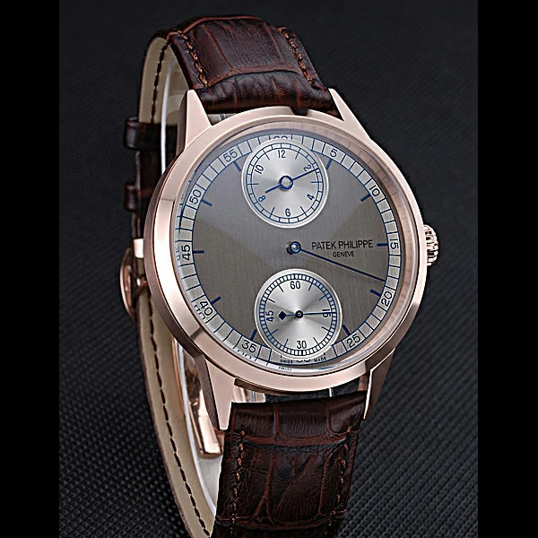 Patek Philippe Geneve Two Dial Gray Dial Rose Gold Bezel Brown Leather Band new60047