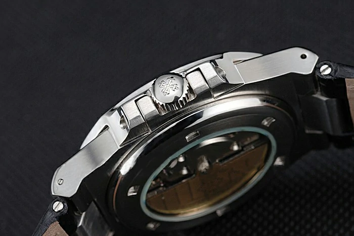 Patek Philippe Nautilus Black Dial Brushed Stainless Steel Case Black Leather Strap new121408