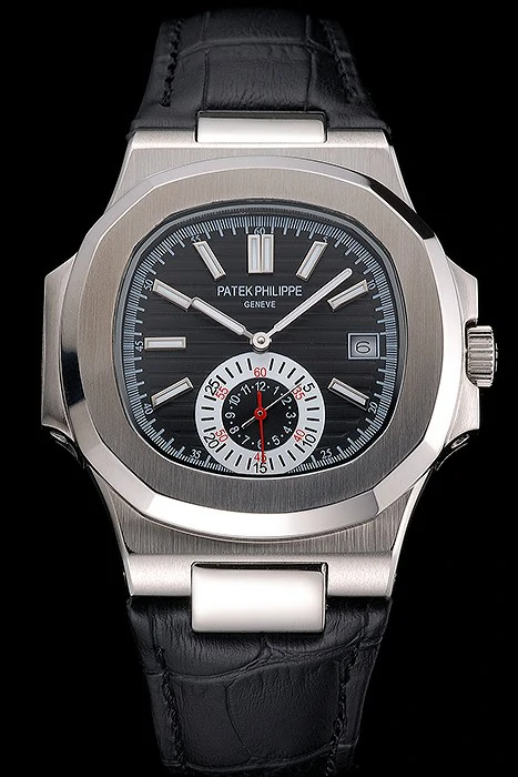 Patek Philippe Nautilus Black Dial Stainless Steel Case Black Leather Strap new121963