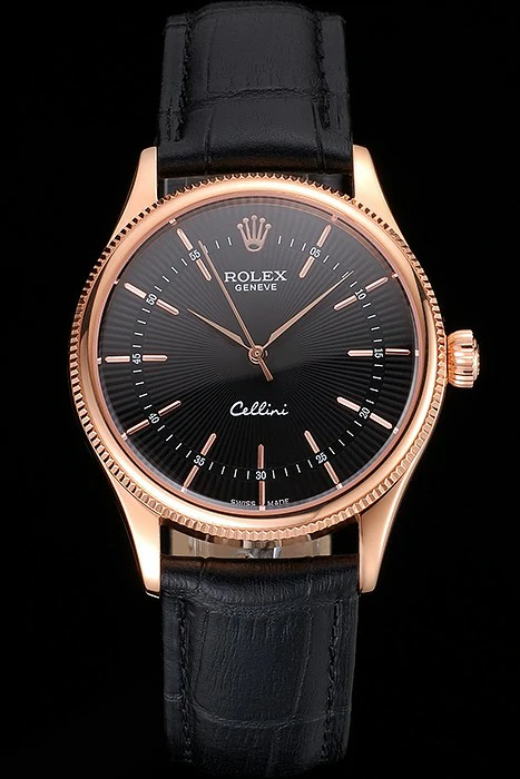 Rolex Cellini Black Dial Rose Gold Markings Rose Gold Case Black Leather Strap new121608