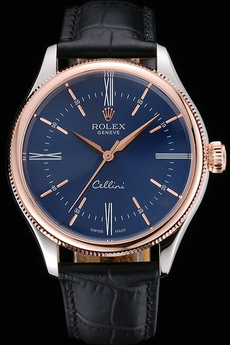 Rolex Cellini Blue Dial Gold Bezel Stainless Steel Case Black Leather Strap new120984