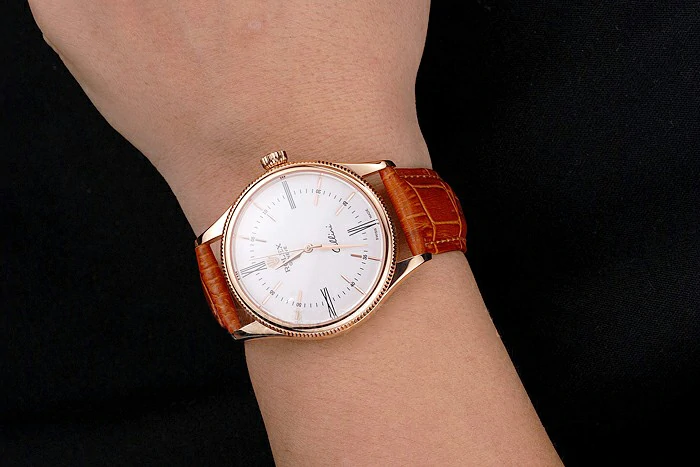 Rolex Cellini White Dial Roman Numerals Rose Gold Case Light Brown Leather Strap new121623