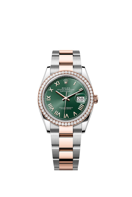 Rolex Replica Watch Datejust 36, Oystersteel and 18k Everose Gold, Mint green sunray Roman dial, Diamond-set bezel Oyster, 126281rbr-0040
