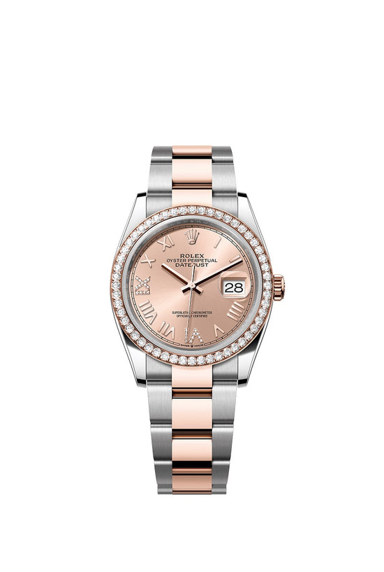 Rolex Replica Watch Datejust 36, Oystersteel and 18k Everose Gold, Rosé-colour set with diamonds dial, Diamond-set bezel Oyster, 126281rbr-0038