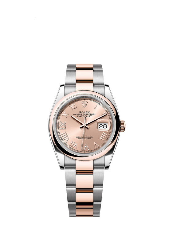 Rolex Replica Watch Datejust 36, Oystersteel and 18k Everose Gold, Rosé-colour set with diamonds dial, Domed Oyster, 126201-0050