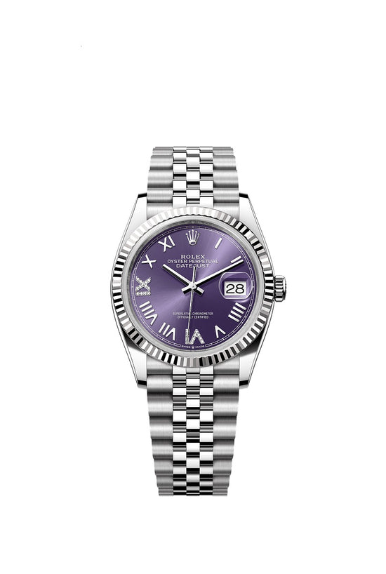 Rolex Replica Watch Datejust 36, Oystersteel and 18k White Gold, Aubergine set with diamonds dial, Fluted Jubilee, 126234-0063