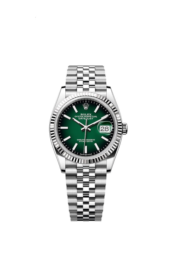 Rolex Replica Watch Datejust 36, Oystersteel and 18k White Gold, Green ombré dial, Fluted Jubilee, 126234-0059