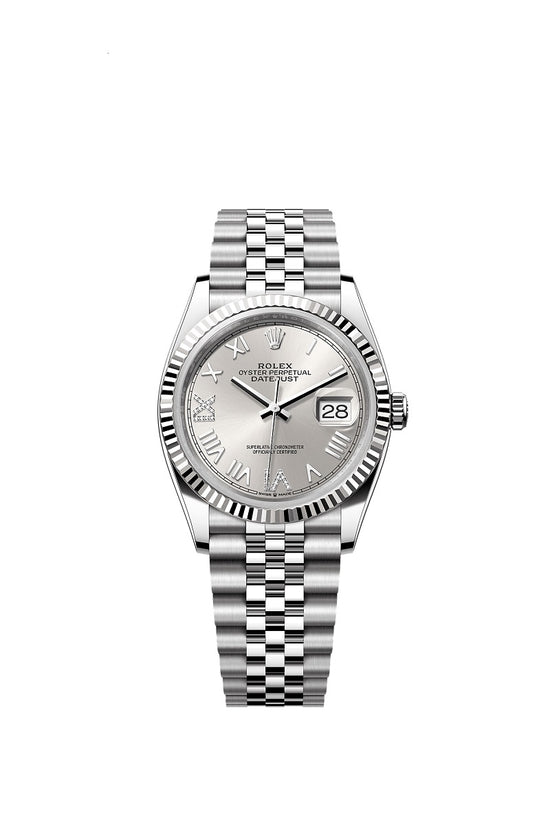 Rolex Replica Watch Datejust 36, Oystersteel and 18k White Gold, Silver set with diamonds dial, Fluted Jubilee, 126234-0067