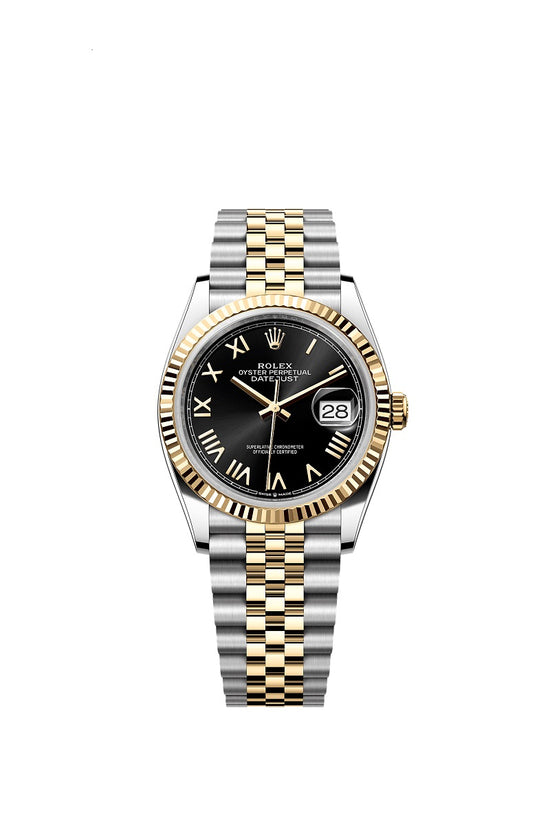 Rolex Replica Watch Datejust 36, Oystersteel and 18k Yellow Gold, Bright black sunray Roman dial, Fluted Jubilee, 126233-0055