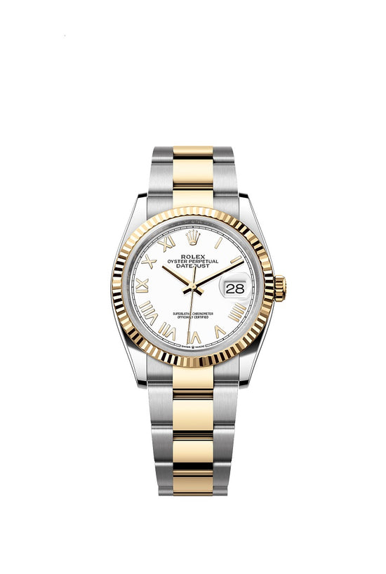 Rolex Replica Watch Datejust 36, Oystersteel and 18k Yellow Gold, Intense White Roman dial, Fluted Oyster, 126233-0048
