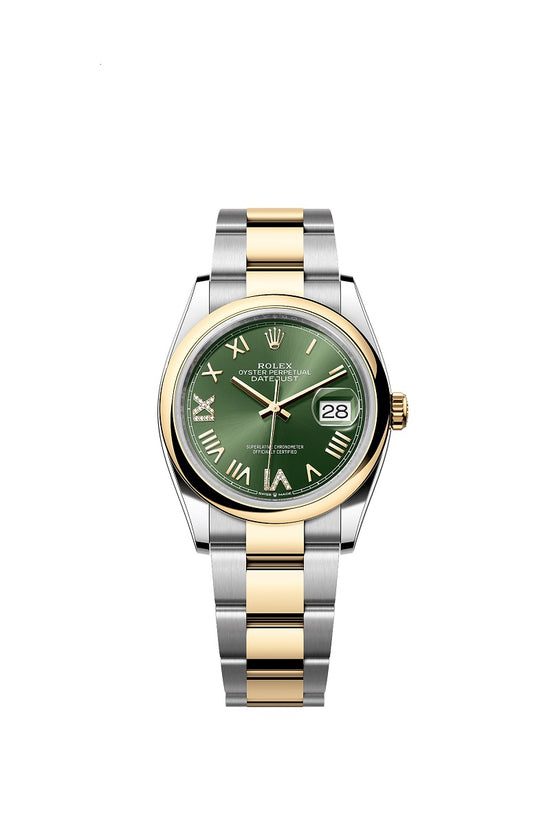 Rolex Replica Watch Datejust 36, Oystersteel and 18k Yellow Gold, Olive green set with Diamonds dial, Domed Oyster, 126203-0050
