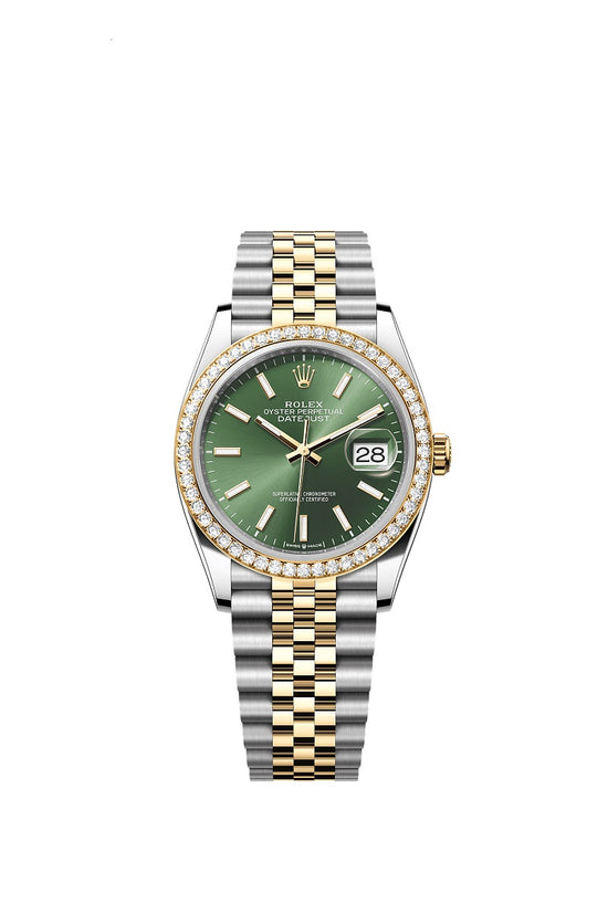 Rolex Replica Watch Datejust 36, Oystersteel and 18k Yellow Gold, Olive green sunray dial, Diamond-set bezel Jubilee, 126283RBR-0043