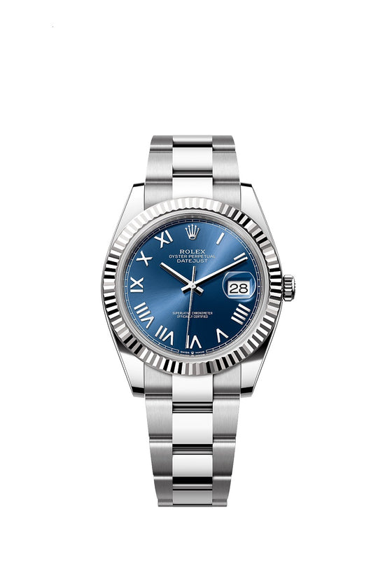 Rolex Replica Watch Datejust 41, Oystersteel and 18k White Gold, Bright blue sunray Roman dial, Fluted Oyster, 126334-0037