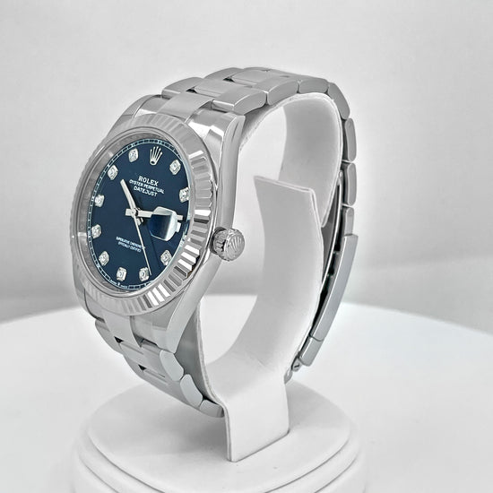 Rolex Replica Watch, Datejust 41, Oystersteel and 18k White Gold, Bright Blue with Diamonds Dial, Oyster 126334-0015