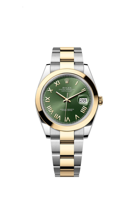 Rolex Replica Watch Datejust 41, Oystersteel and 18k Yellow Gold, Olive green sunray Roman dial, Smooth Oyster, 126303-0023