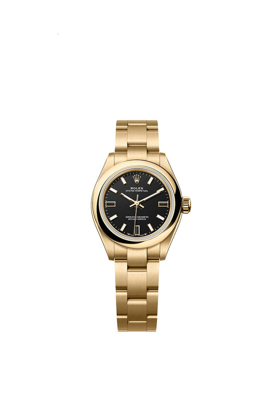 Rolex Replica Watch Oyster Perpetual 28, 18k Yellow Gold, 28mm, Black dial, Domed Oyster, 276208-0001