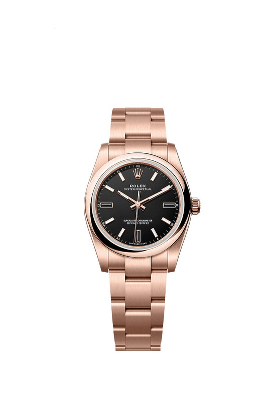 Rolex Replica Watch Oyster Perpetual 34, 18k Everose Gold, 34mm, Black dial, Domed Oyster, 124205-0001