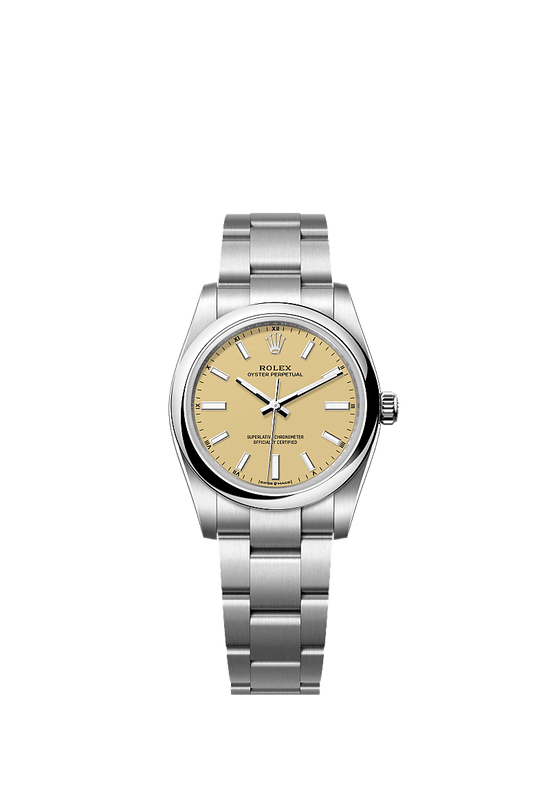 Rolex Replica Watch Oyster Perpetual, Oystersteel, 34mm, Beige dial, Domed Oyster, 124200-0007