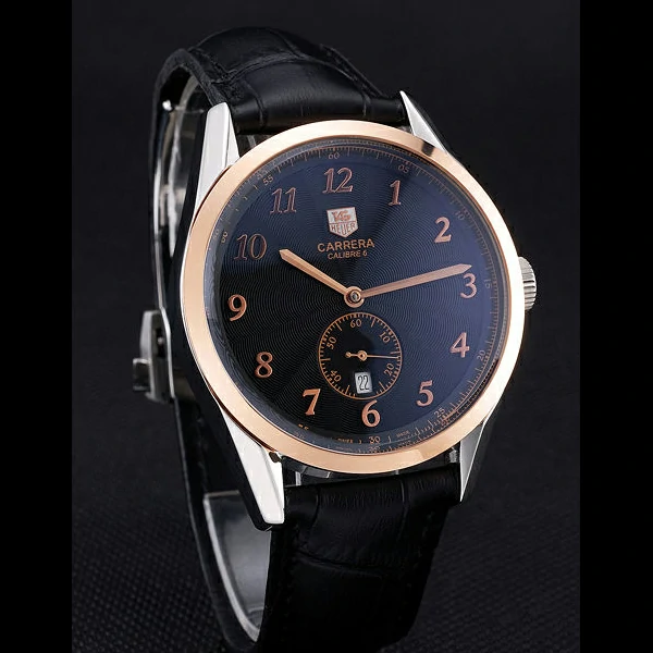 Tag Heuer Carerra Calibre 6 Black Dial Rose Gold Black Leather Band new60061