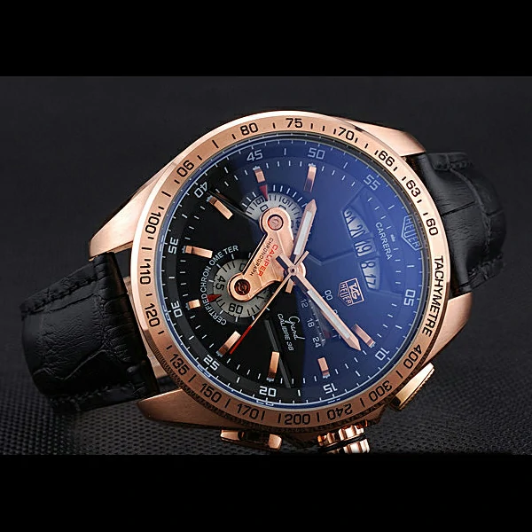 Tag Heuer Carrera Rose Gold Bezel with Black Dial and Black Leather Strap new59628