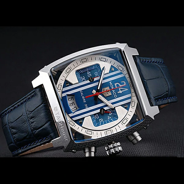 Tag Heuer Monaco 24 Calibre 36 Chronograph Blue And Grey Stripes Dial Blue Leather Strap new60169